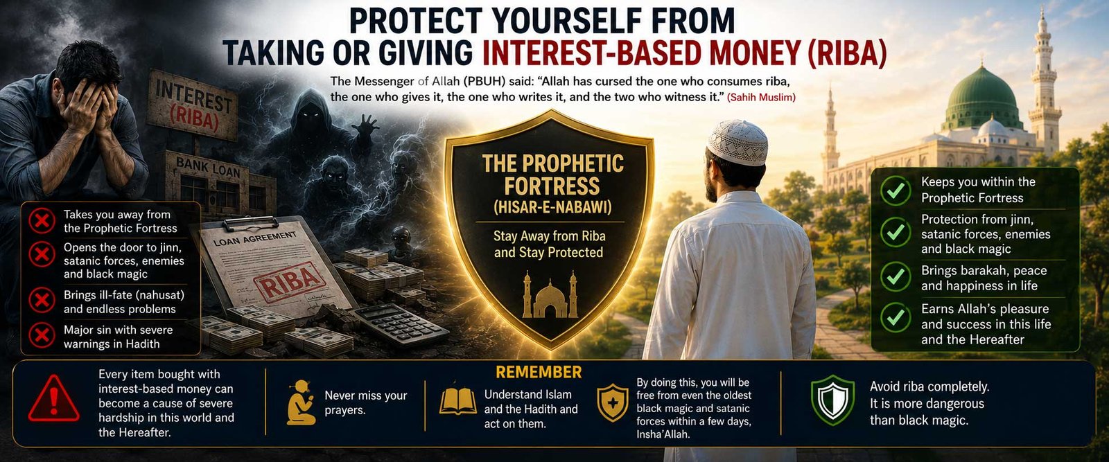 Protect yourself from taking or giving interest-based money (Riba)<br />
